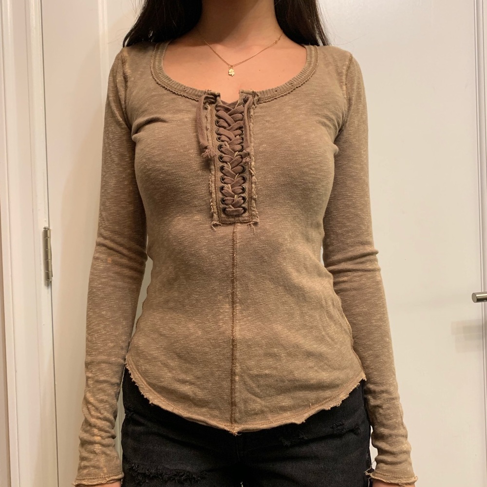 Free People Lace-Up Brown Long Sleeve Top Size XS
